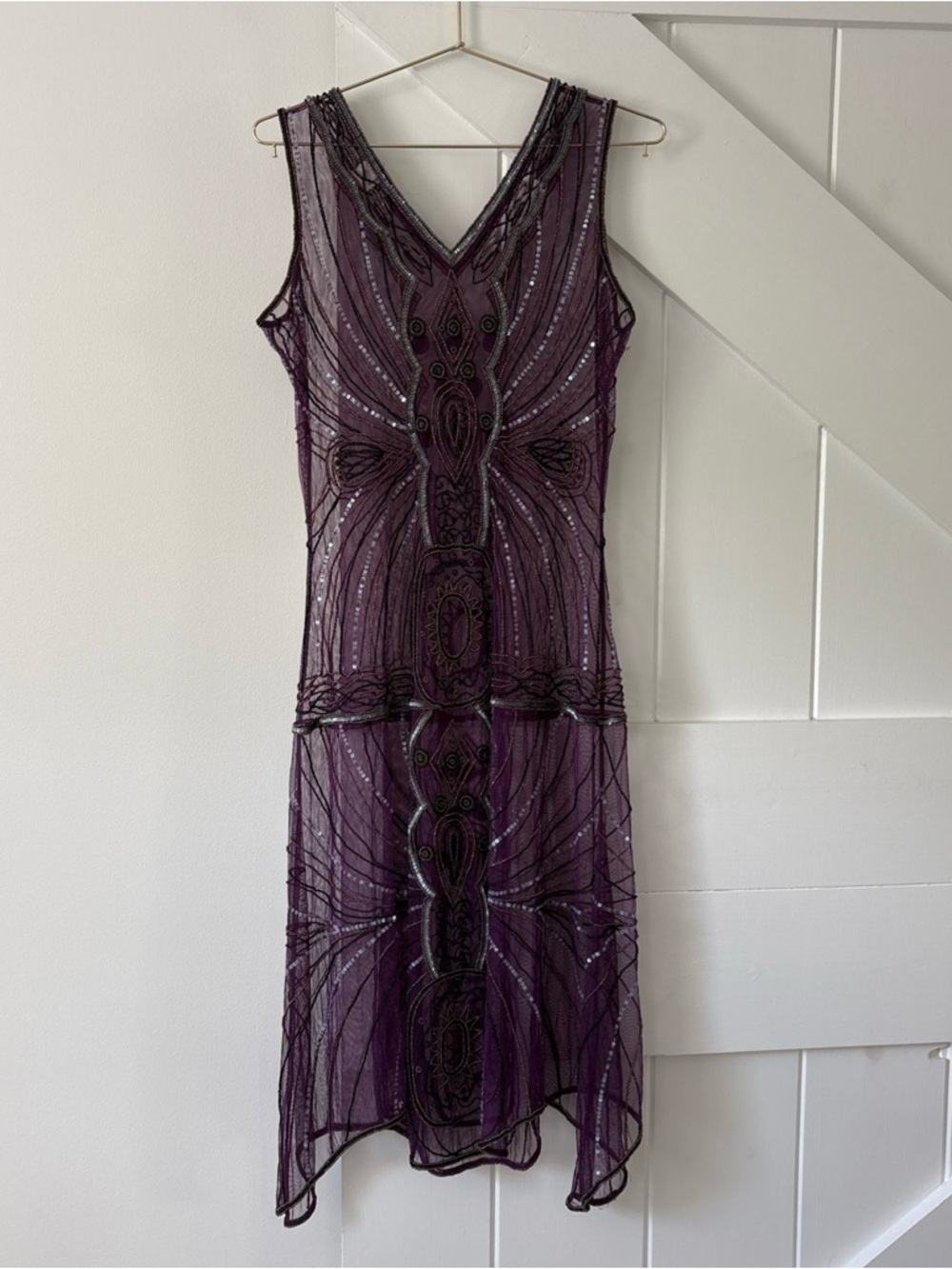 Unique Vintage 1920s Purple Beaded Dress Size Medium Sheer Sequins Sleeveless - Picture 2 of 14